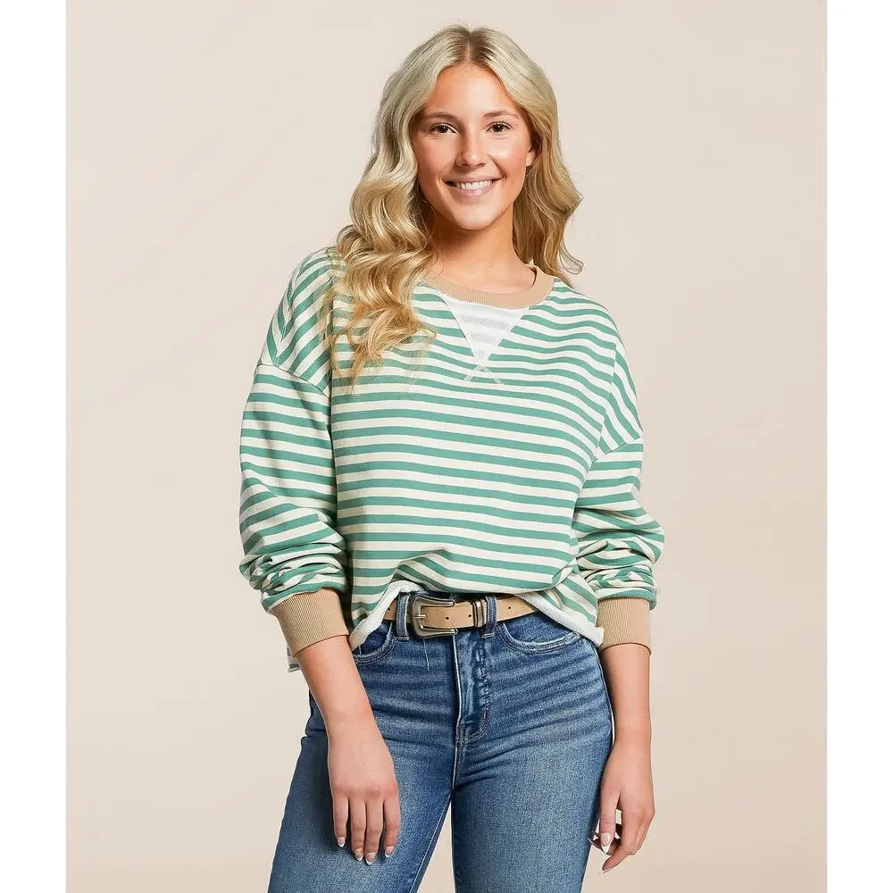 BKE Green + Cream Striped Crop Crewneck Sweatshirt - Large